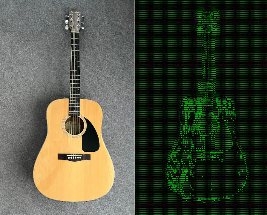 Before/after comparison showing original photo converted to green ASCII art
