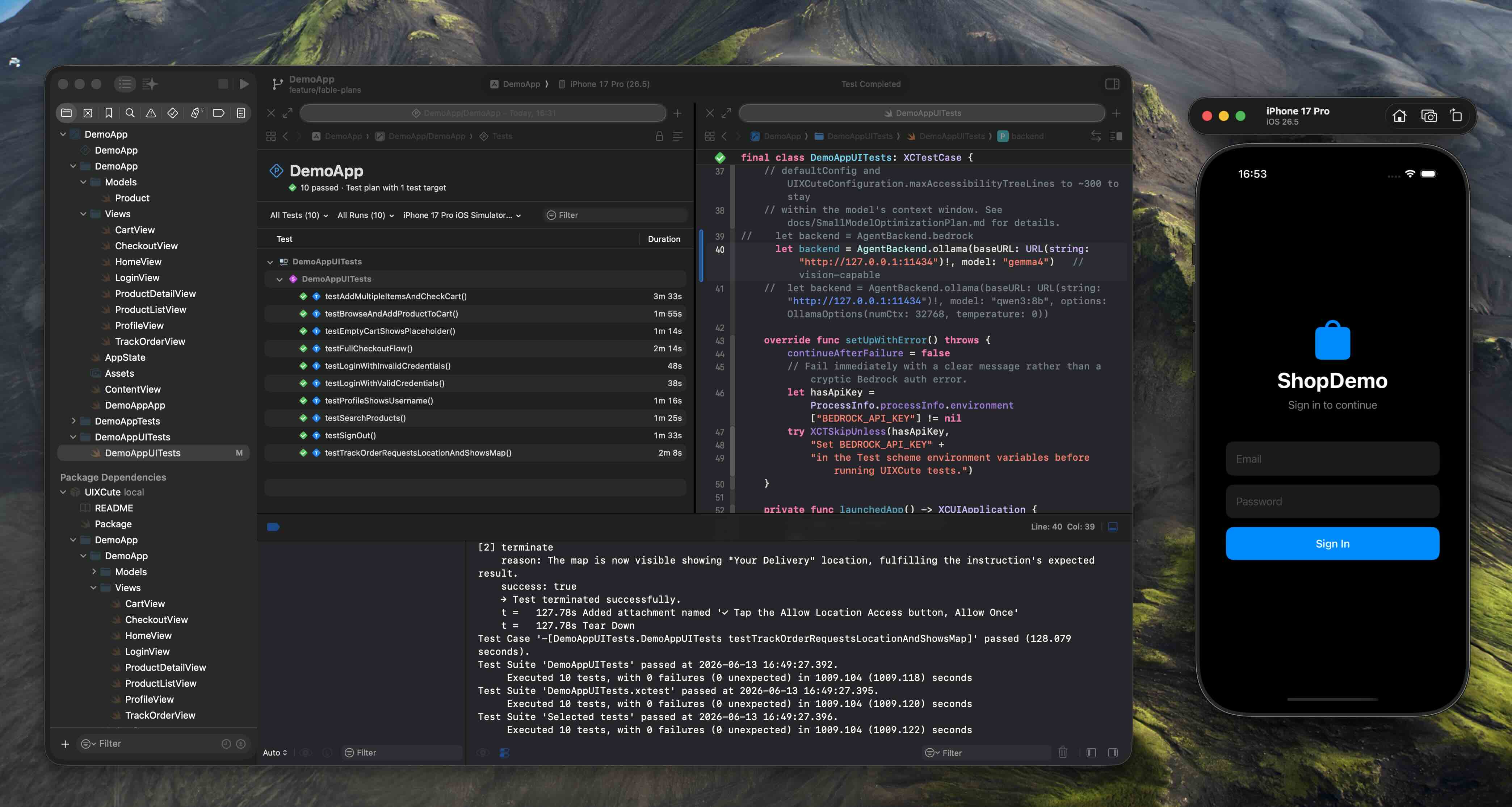 UIXCute running with Gemma4 via Ollama on an M3 Pro — all 10 tests passing